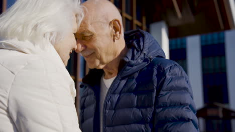 close-up view of the senior couple holding hands on a winter day