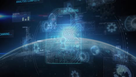animation of online security padlock over scopes scanning and data processing