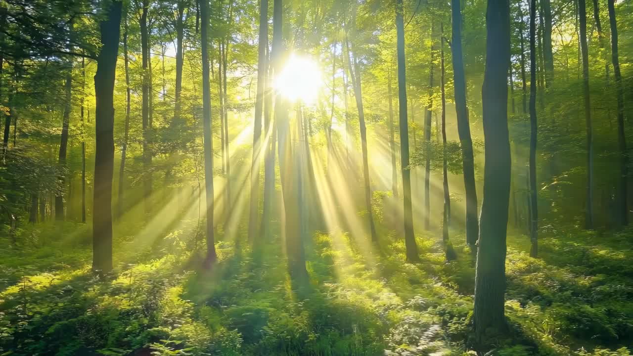 Raios de sol atravessam uma floresta exuberante, capturados de uma perspectiva baixa.