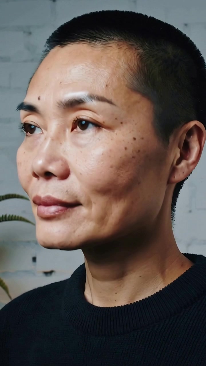 Video verticale: Modella asiatica che inizia a posare per uno scatto vicino a un muro di mattoni con una pianta, indossa un top nero e un earcuff.