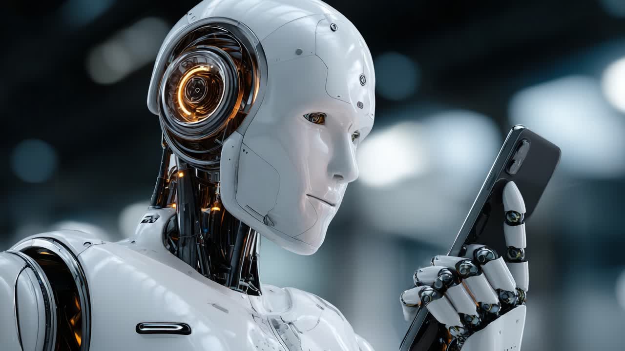 Modern, Şık Bir Ortamda, Robotik ve İletişimin Kesişim Noktasını Keşfeden Fütüristik Bir İnsansı Robot, Gelişmiş Teknoloji ve Yapay Zekayı Sergileyerek Bir Akıllı Telefonla Etkileşime Giriyor