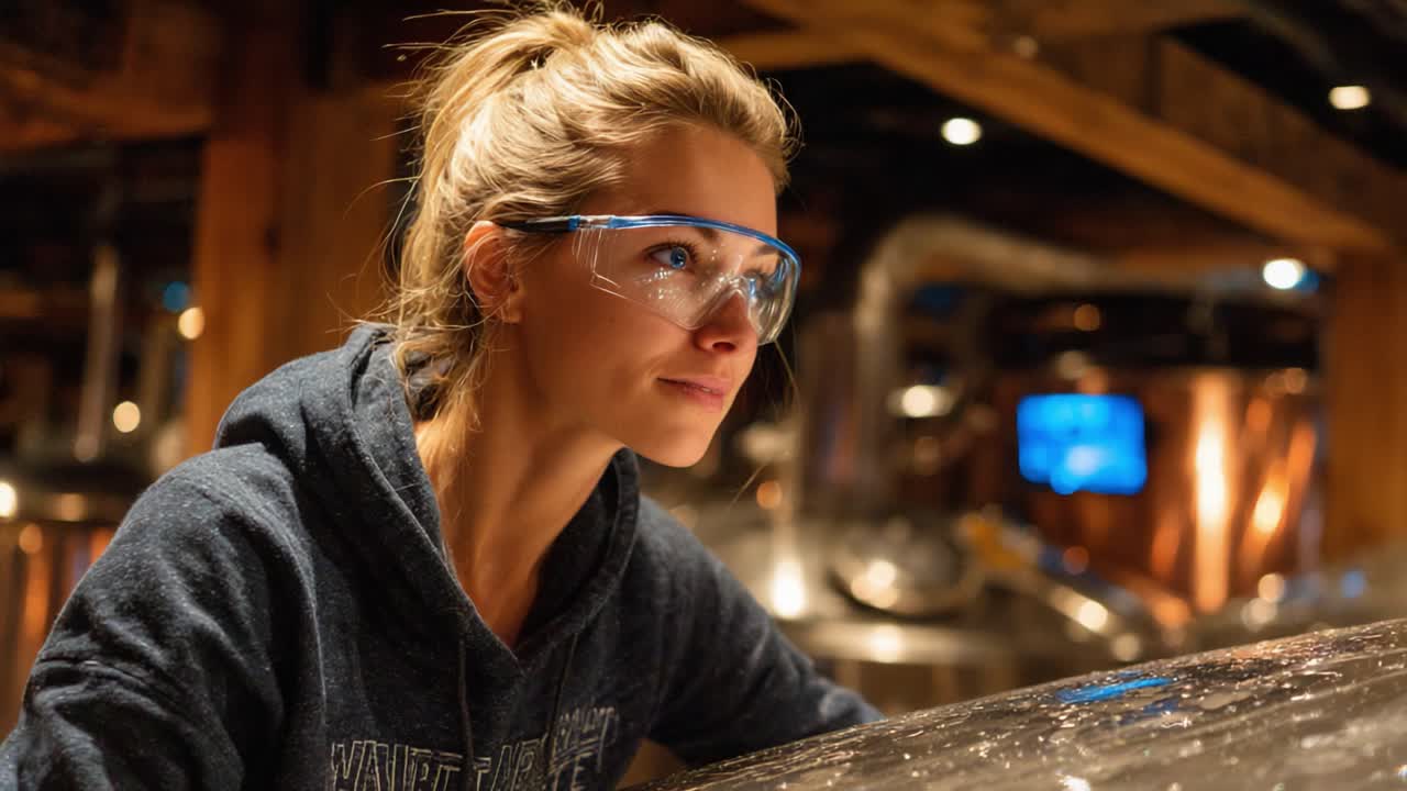 Focused Woman in Protective Goggles Examines Surface, Engaged in an Intensive Work Environment with Machines in the Background, Showcasing Dedication and Attention to Detail