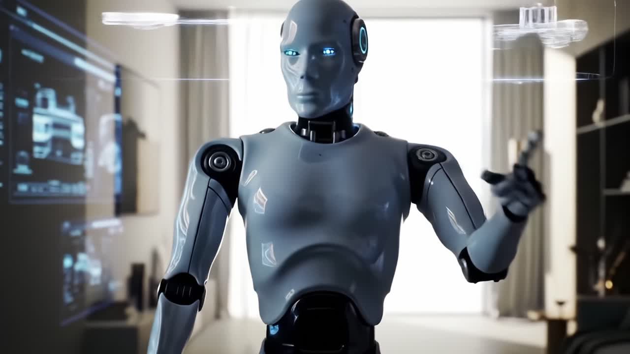 Futuristic Robot Innovation: A Glimpse into Advanced Robotics Technology Showcasing a Humanoid Machine in a Modern Interior Environment