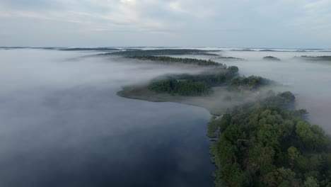 mist over lake shore in scandinavia at dawn, overcast, aerial drone shot
