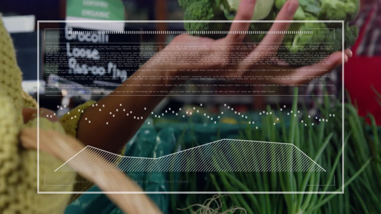 Analyzing nutritional data animation over person selecting vegetables in grocery store