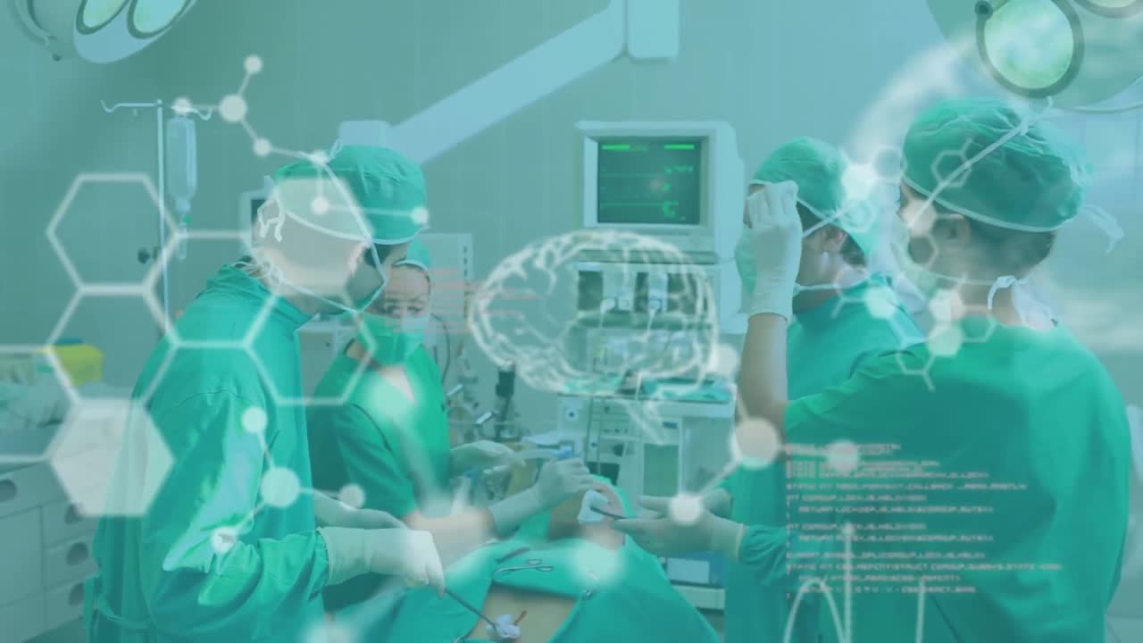 수술실에서 환자를 수술하는 외과의사에 대한 뇌 스캔과 의료 데이터 처리 애니메이션