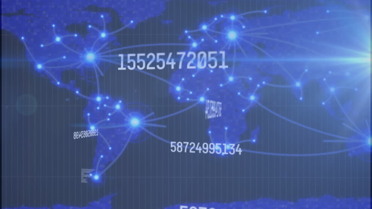 Animation of changing numbers over connected dots over map against abstract background