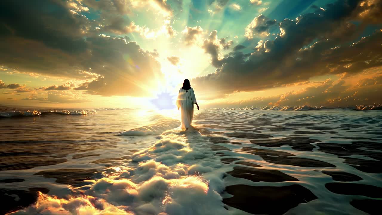 A serene, low-angle video concept of a figure walking on water at sunset, with dramatic clouds