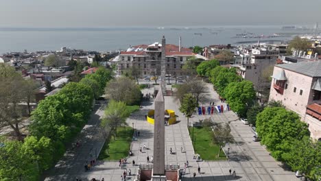 renovated blue mosque and hagia sophia drone video, april 2022 fatih, istanbul turkey