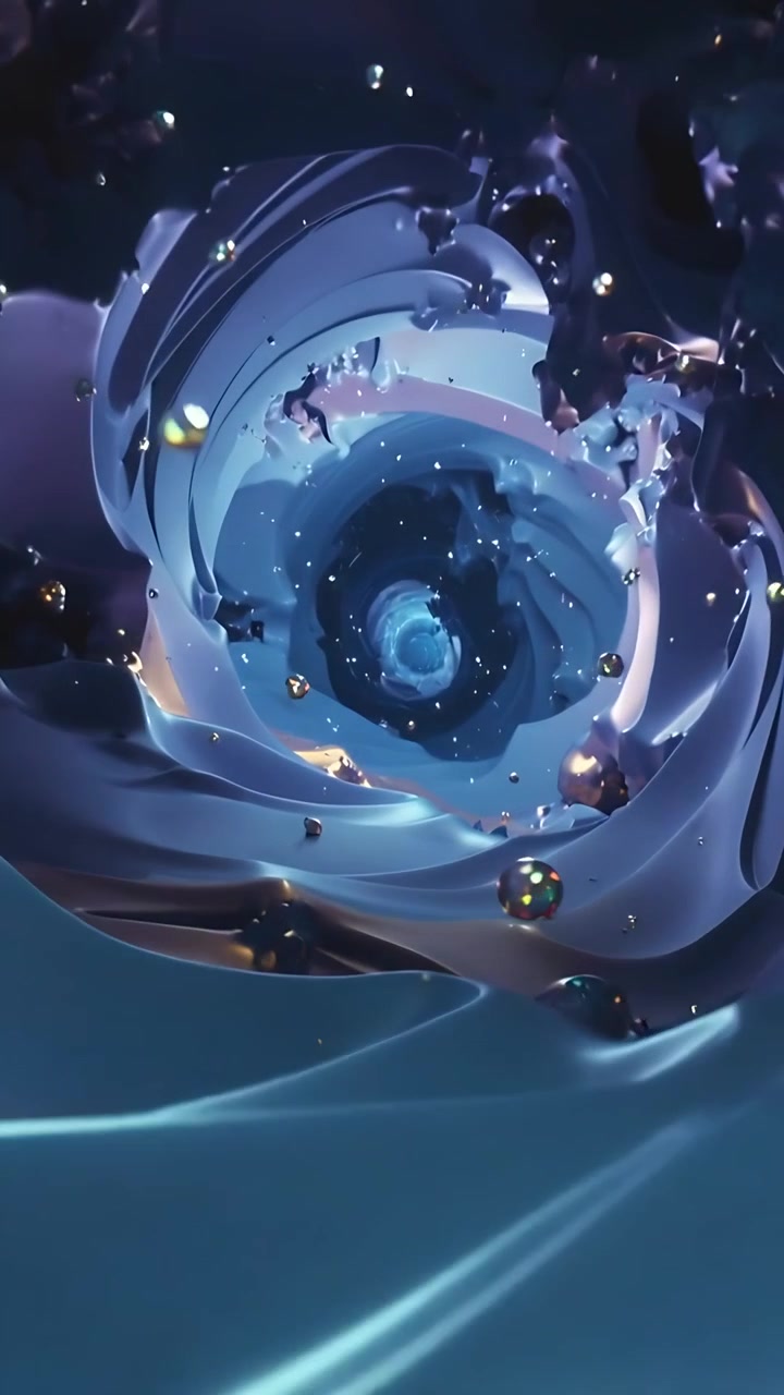 Vertical video: Advancing camera entering to reveal core, showing glossy petals and metal spheres