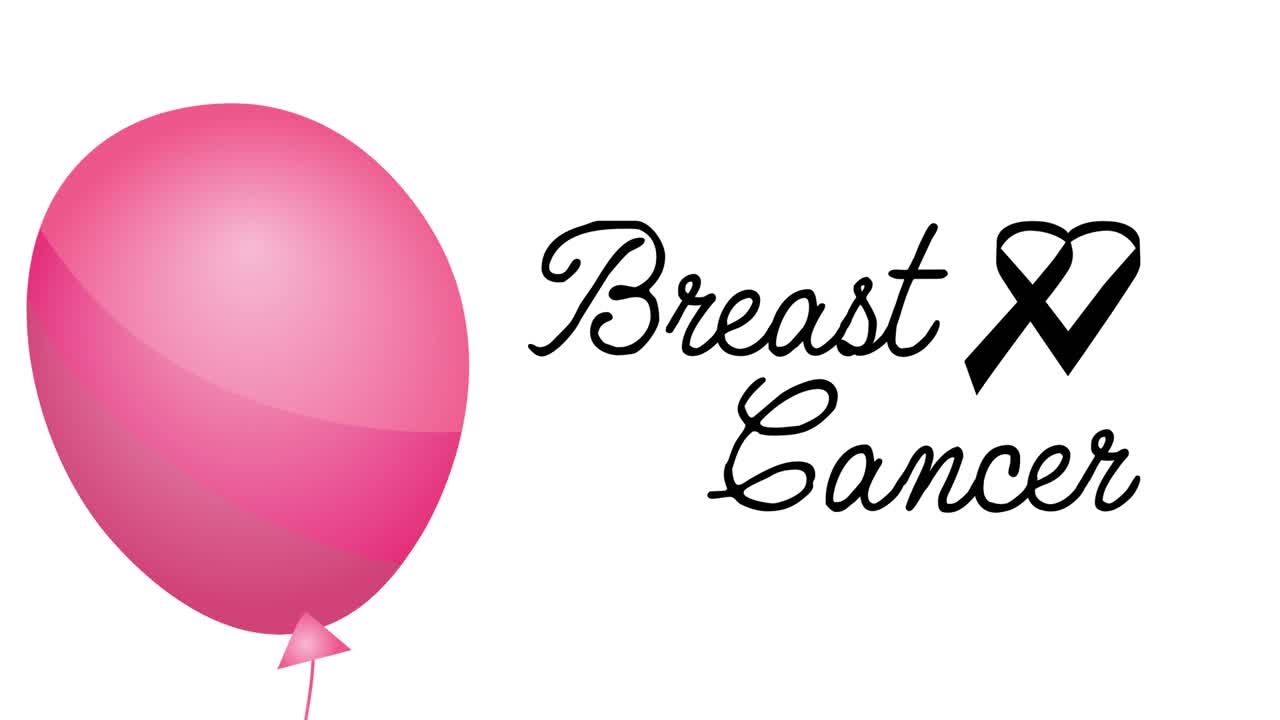 리본 로고와 유방암 텍스트 위에 날아다니는 분홍색 풍선의 애니메이션
