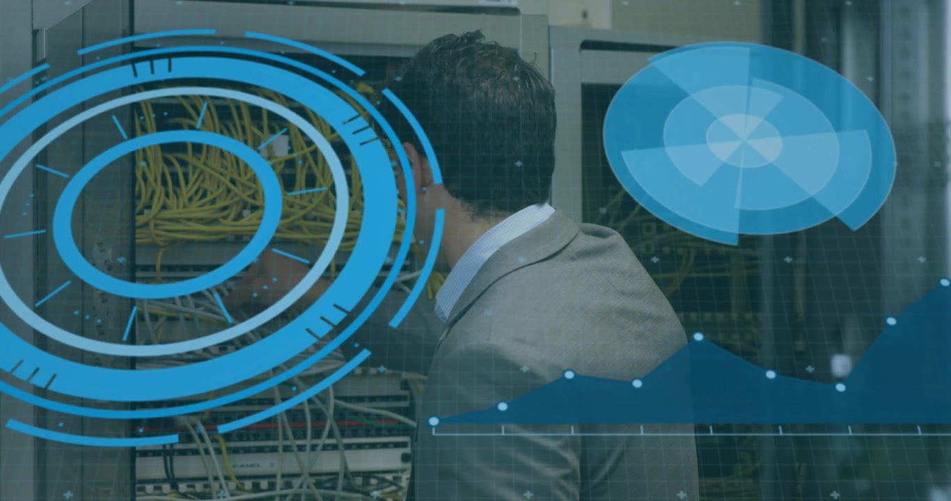 Animation of scope scanning over caucasian male it technician fixing cables in computer server
