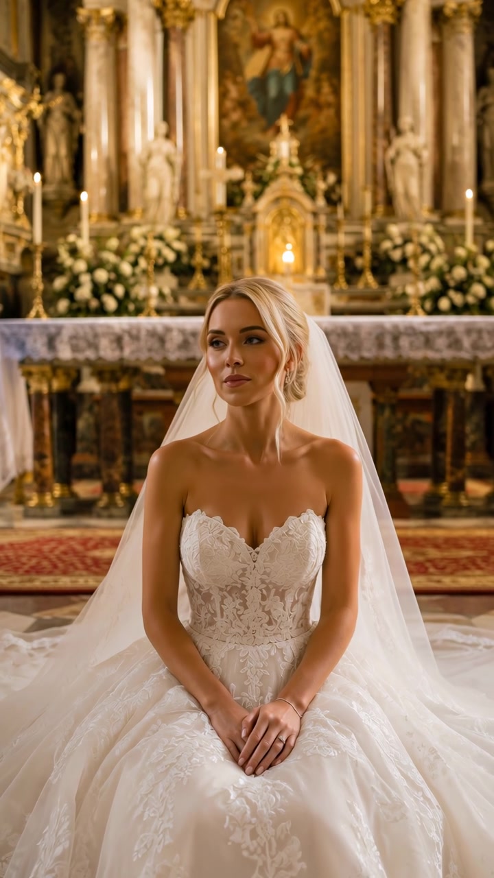 Sposa seduta in abito da sposa di pizzo senza spalline riposa davanti a un altare di chiesa ornato, lungo velo di tulle che strascica dietro, mani giunte in grembo mentre lo sguardo si sposta delicatamente da chinato a in avanti e verso l'alto.