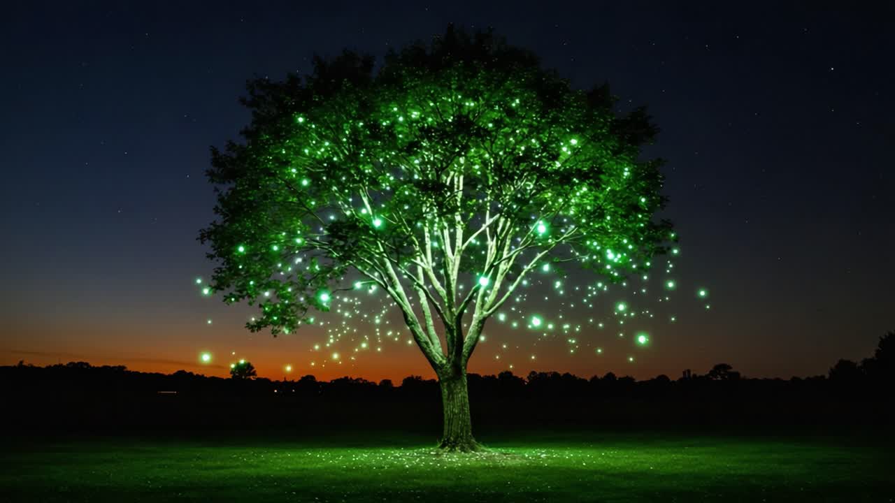 A Majestic Night Tree Illuminated with Glowing Green Lights Against a Starry Sky at Dusk, Creating a Magical and Ethereal Atmosphere in Nature