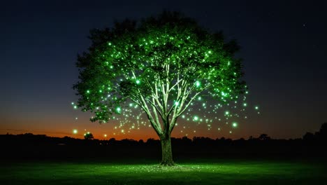 a majestic night tree illuminated with glowing green lights against a starry sky at dusk, creating a magical and ethereal atmosphere in nature