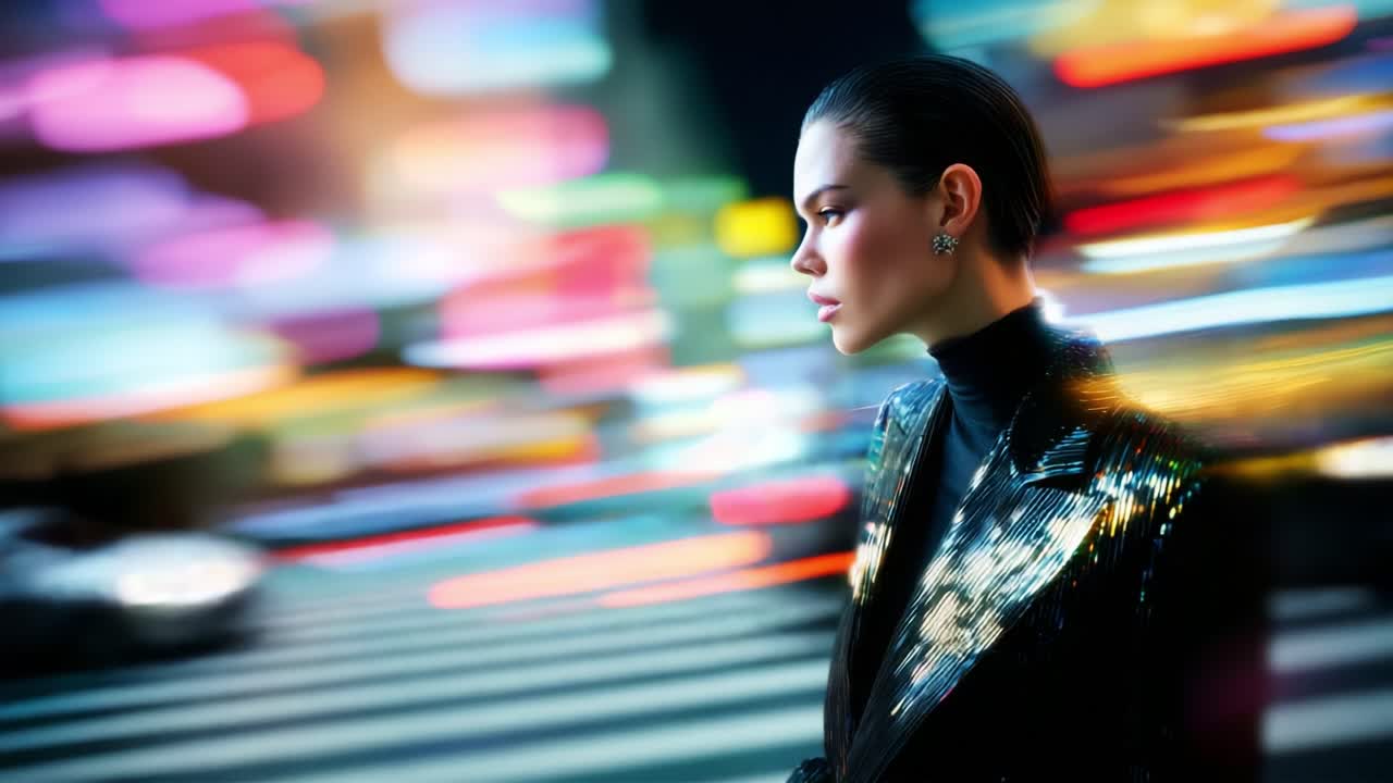 A captivating moment of elegance and urban vibrancy captured in two frames, featuring a stylish figure poised against a backdrop of colorful city lights, embodying the essence of modern fashion