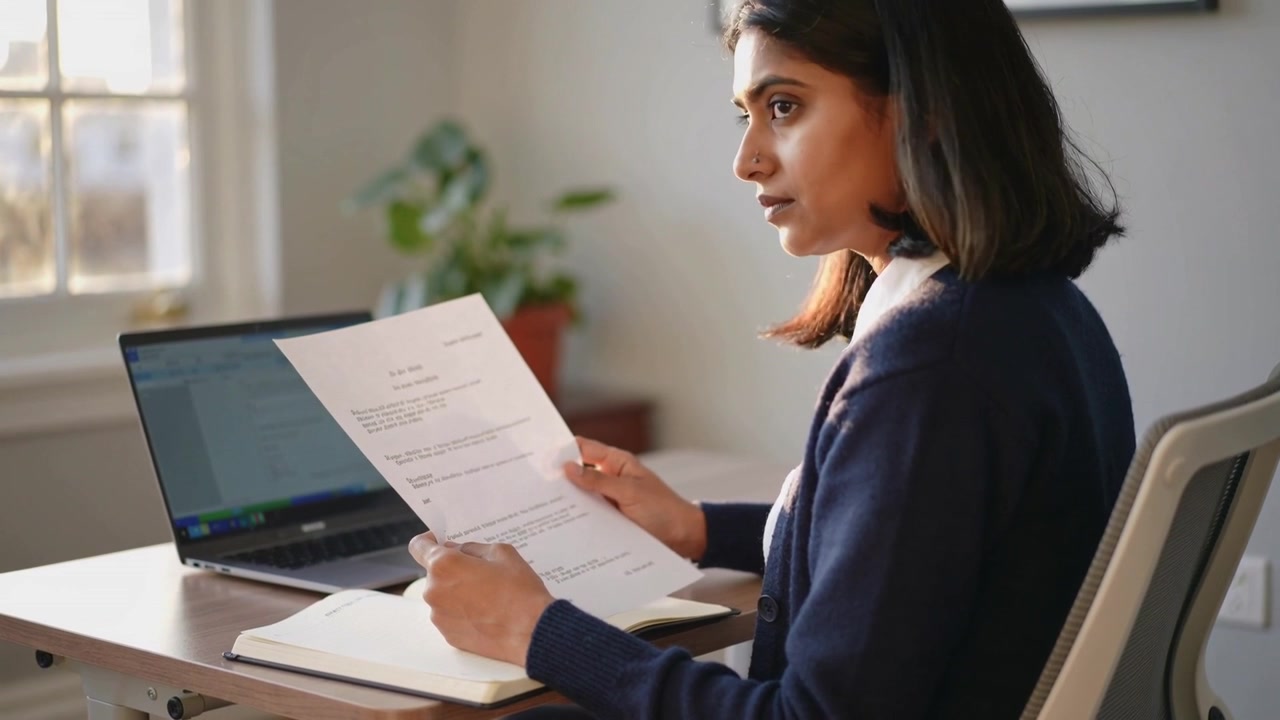 Reading woman in navy sweater at desk holding page and scanning laptop notebook reference