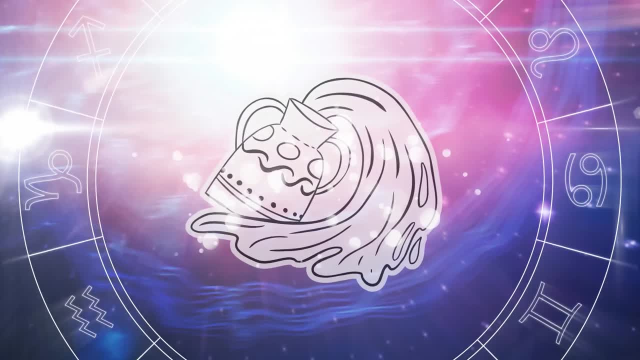 Animation of spinning star sign wheel with aquarius sign and stars