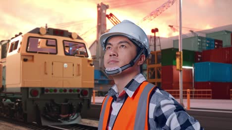 engineer at a port with train in background