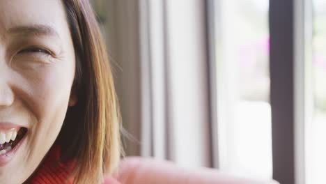 video portrait of half the face of happy asian woman smiling to camera at home, with copy space