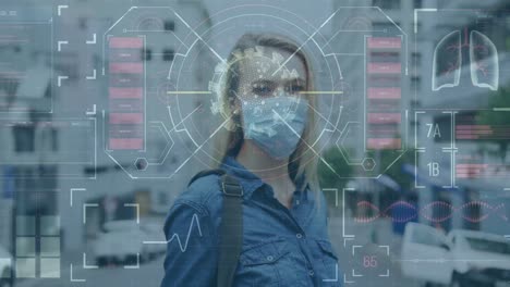 Animation-of-medical-data-processing-over-caucasian-woman-in-face-mask-using-smartphone