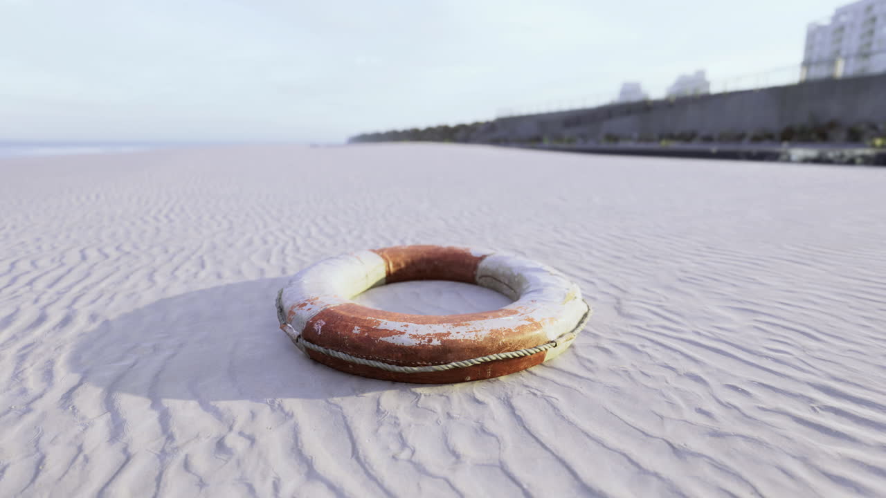 Lifebuoy resting on sandy beach with calm ocean in the background