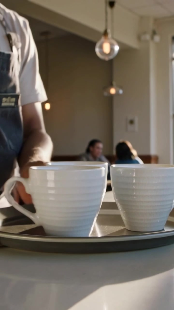 Vertical video: Hand entering cueing grayapron server sliding tray with two mugs at cafe