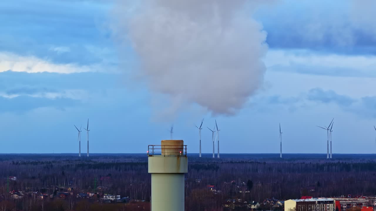 Ciminiera di fabbrica che emette fumo con turbine eoliche sullo sfondo