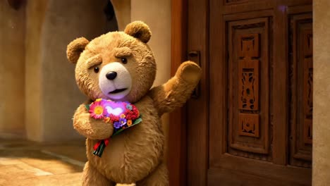 teddy bear with a bouquet of flowers