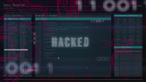 animation of hacked text and data processing over computer motherboard