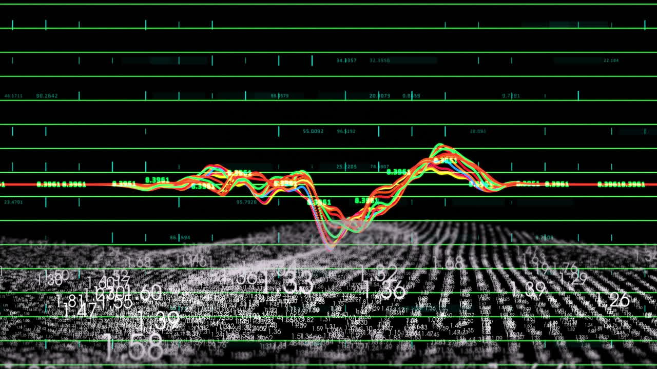 Analyzing colorful data graphs on digital grid background with animation