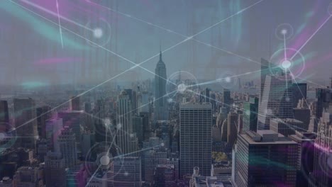 animation of network of connections and purple digital waves against aerial view of cityscape