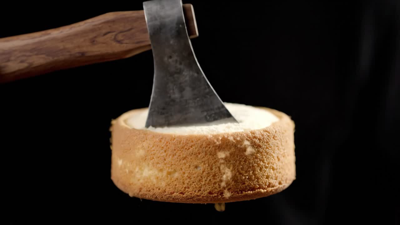 Cake getting cut with an axe