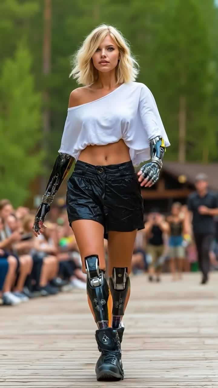 Ung blond kvinde med robotbenproteser, der går udendørs på en teknologiudstilling