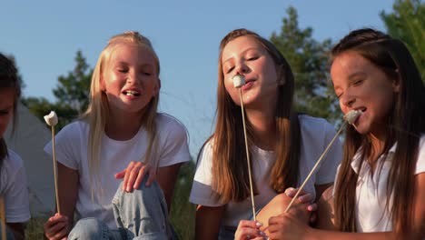 a group of children girls schoolgirls in the park on a picnic with phones a group of children girls schoolgirls in the park on a picnic with phones in their hands
