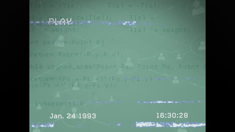 animation of screen with digital interface, network of connections and data processing with glitch