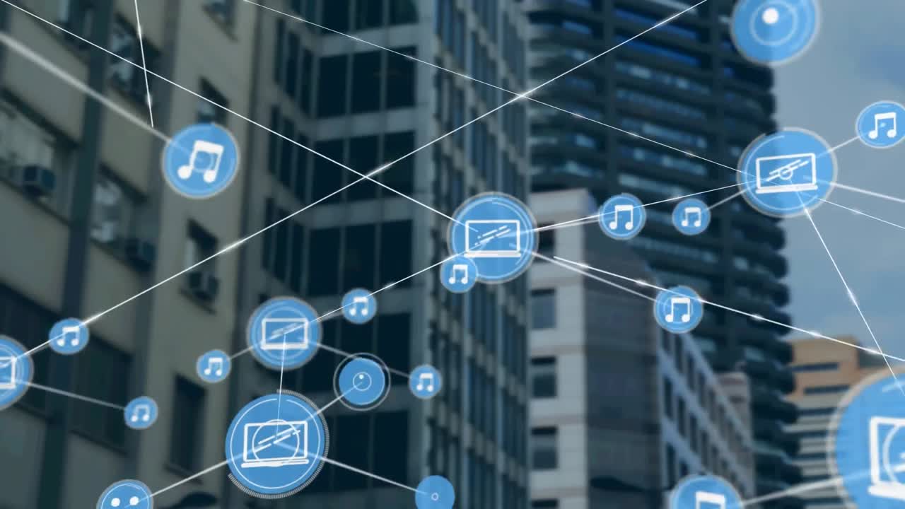 Animation of network of connections with icons over modern building