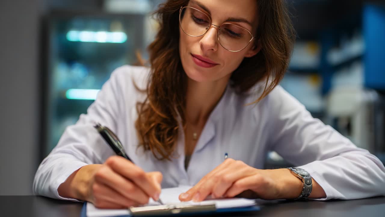Focused Professional in a Lab Coat Diligently Taking Notes at a Workstation, Highlighting the Importance of Precision and Attention to Detail in the Workplace