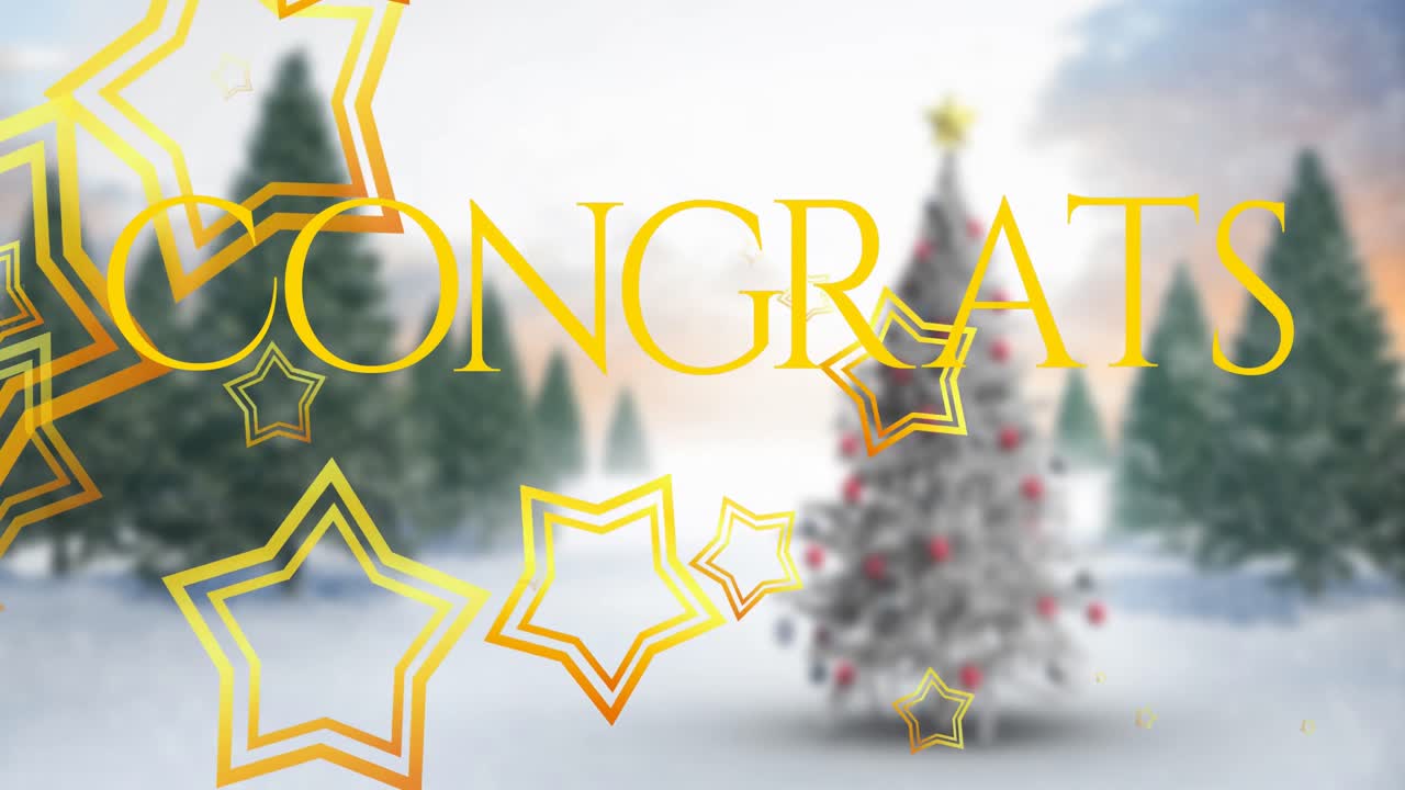 Animazione di stelle dorate e un banner con il testo "Congratulazioni" con un albero di Natale su un paesaggio invernale
