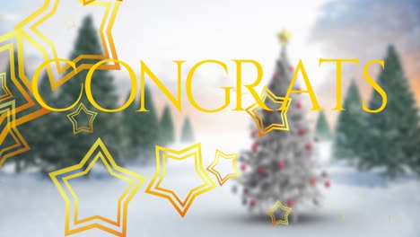 Animation-of-golden-stars-and-congrats-text-banner-against-christmas-tree-on-winter-landscape