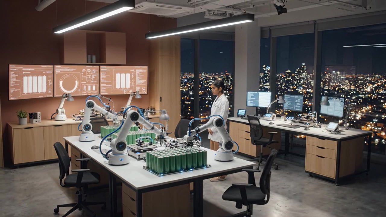 Et futuristisk robotlaboratorium, der viser avanceret automationsteknologi og dataovervågning med flere robotarme og en videnskabsmand fokuseret på præcisionsarbejde.