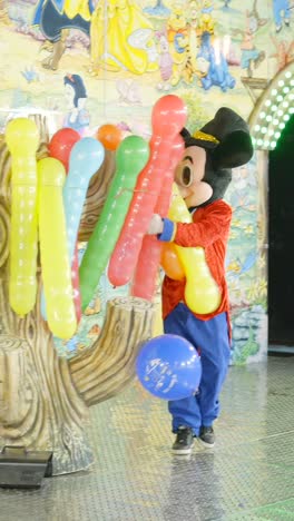 mickey mouse mascot with balloon animals at a fair