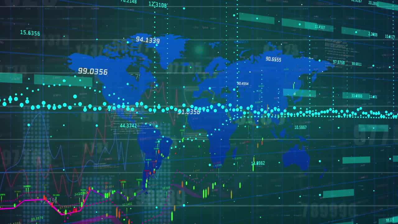 검은 바탕에 있는 세계 지도 위의 데이터 처리 애니메이션