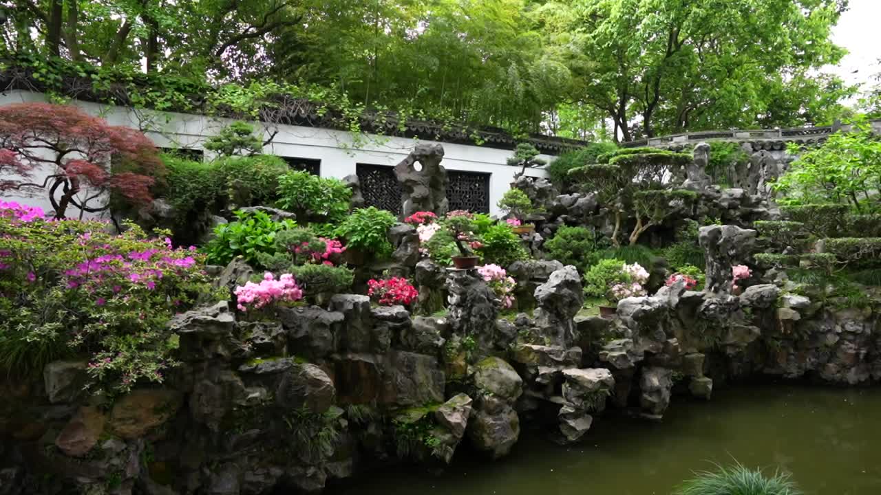 Panning right across a stone wall adorned with bonsai and plants beside a pond at Yuyuan Garden in Shanghai, China