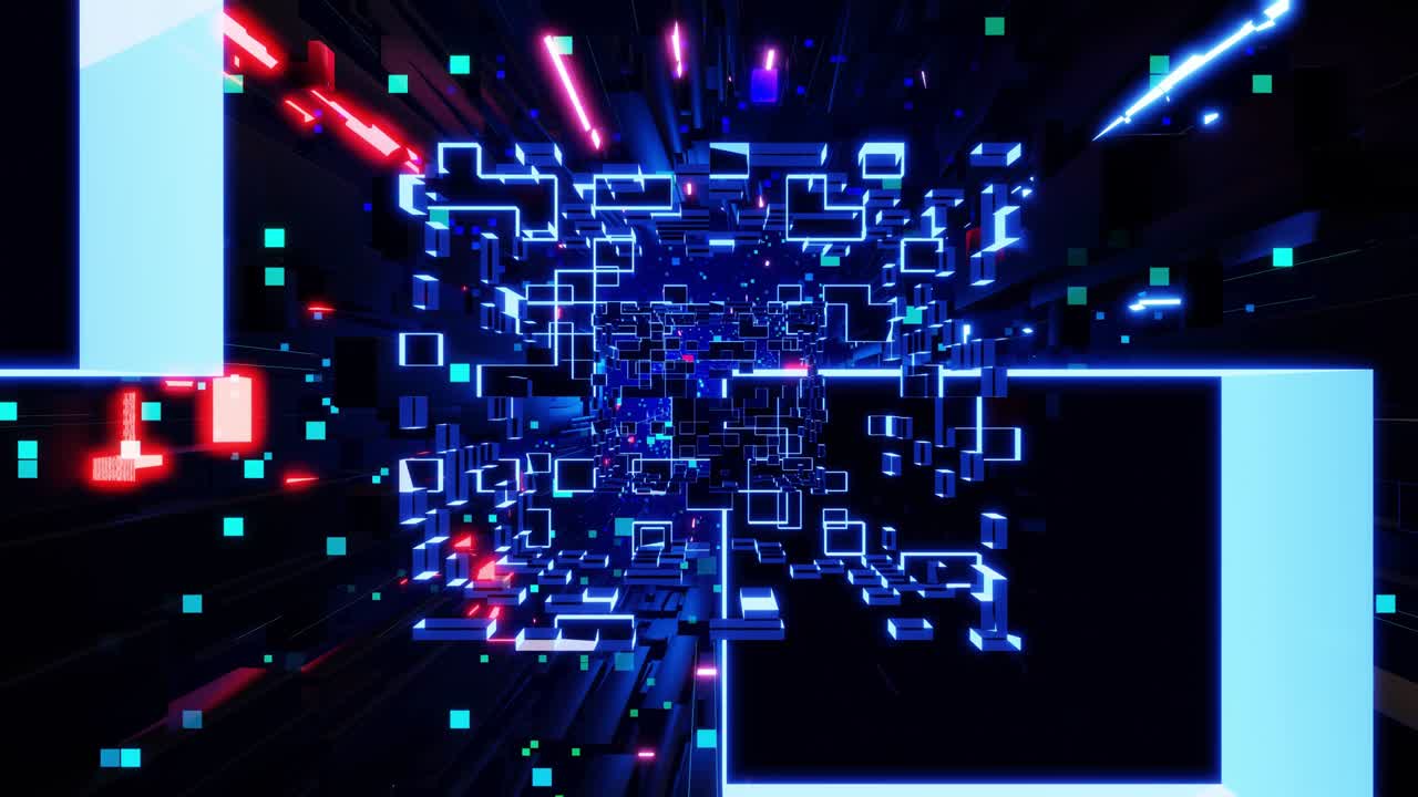 concepto de tecnología futurista. fondo en bucle de ciencia ficción oscura. vuelo a través del espacio digital de alta tecnología o en un túnel de vidrio metálico con luz de neón, bloques. flujo de información de alta tecnología en blockchain o bigdata.