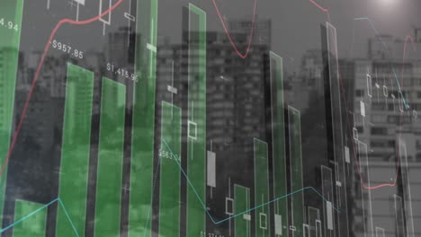 animación del procesamiento de datos financieros frente a la vista de un edificio alto