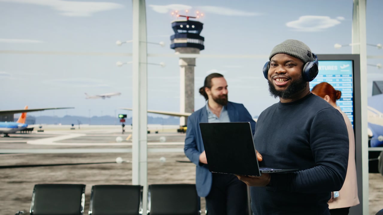 Portrait of African American man using laptop and headset in airport lounge