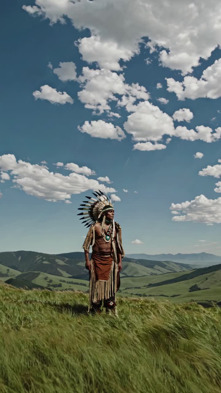 Wide-angle shot of a person in traditional attire standing in a vast, grassy landscape under a blue