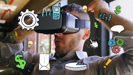 animación de una red de iconos digitales sobre un hombre de negocios con auriculares vr