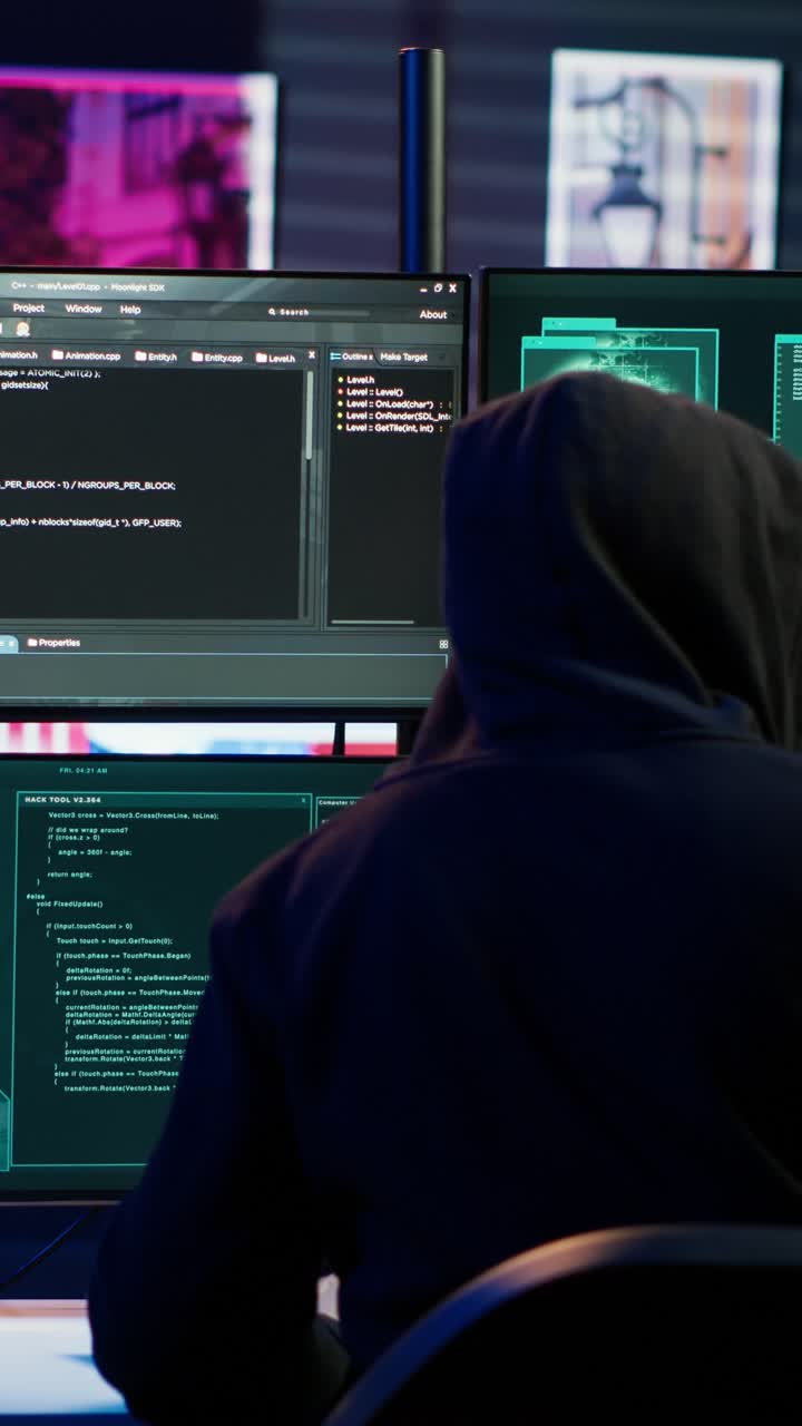 Lodret video. Nærbillede af hacker, der kører kode i lejlighed på pc-skærme